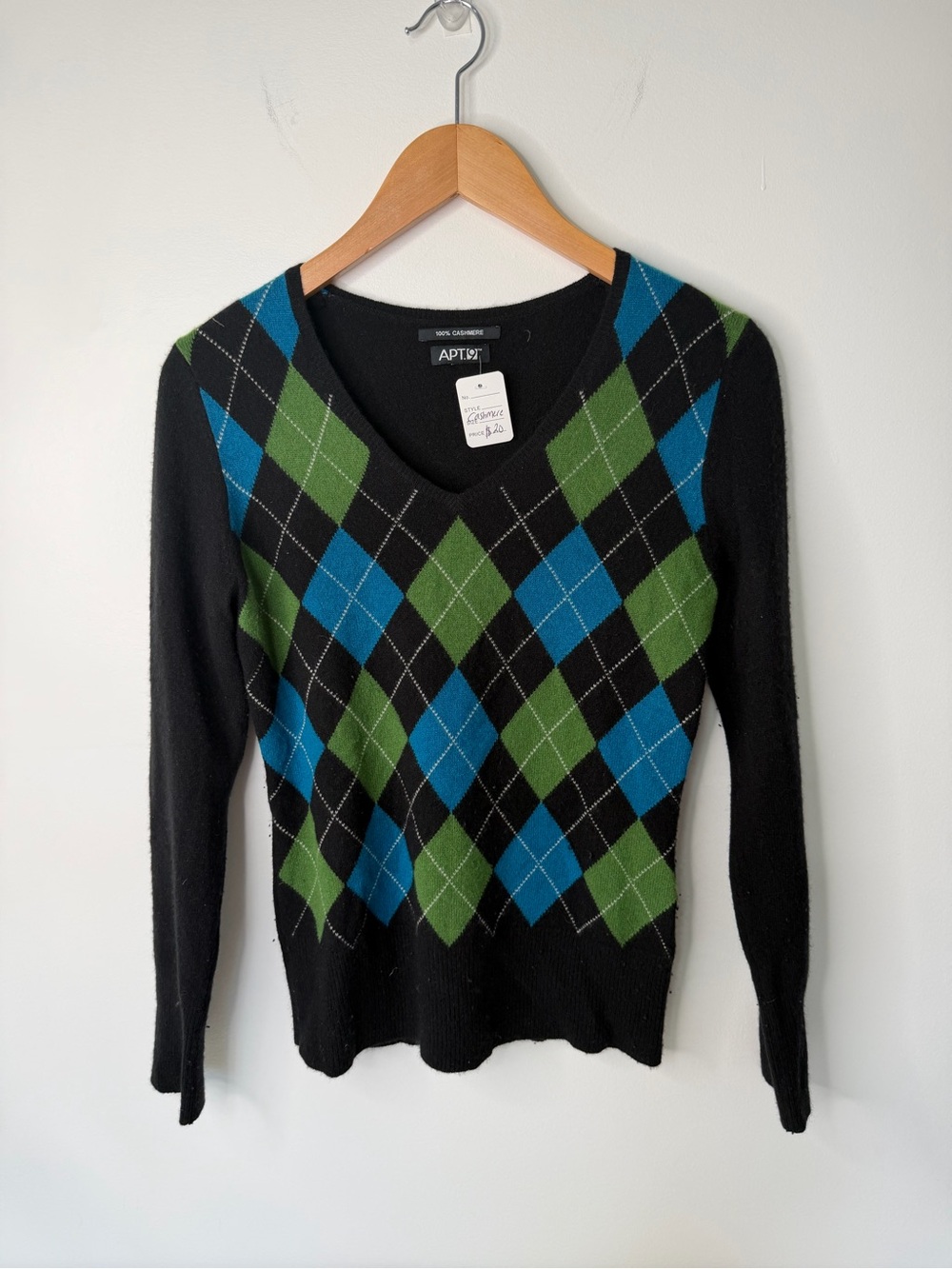 APT. 9 100% Cashmere Argyle V-Neck Sweater Black Blue Green Women’s Classic